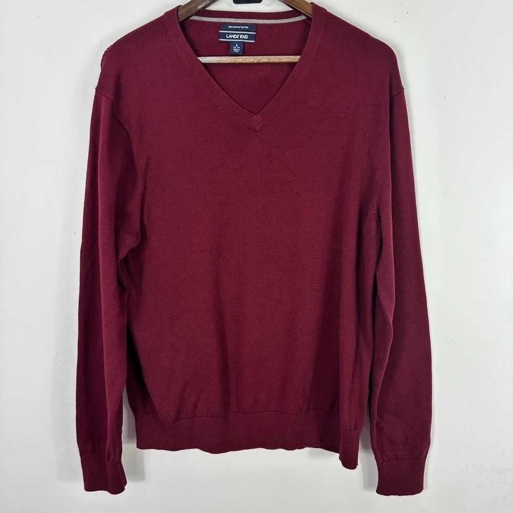 Lands‎ End Supima Cotton Sweater Mens Large Burgundy V Neck Pullover Capsule